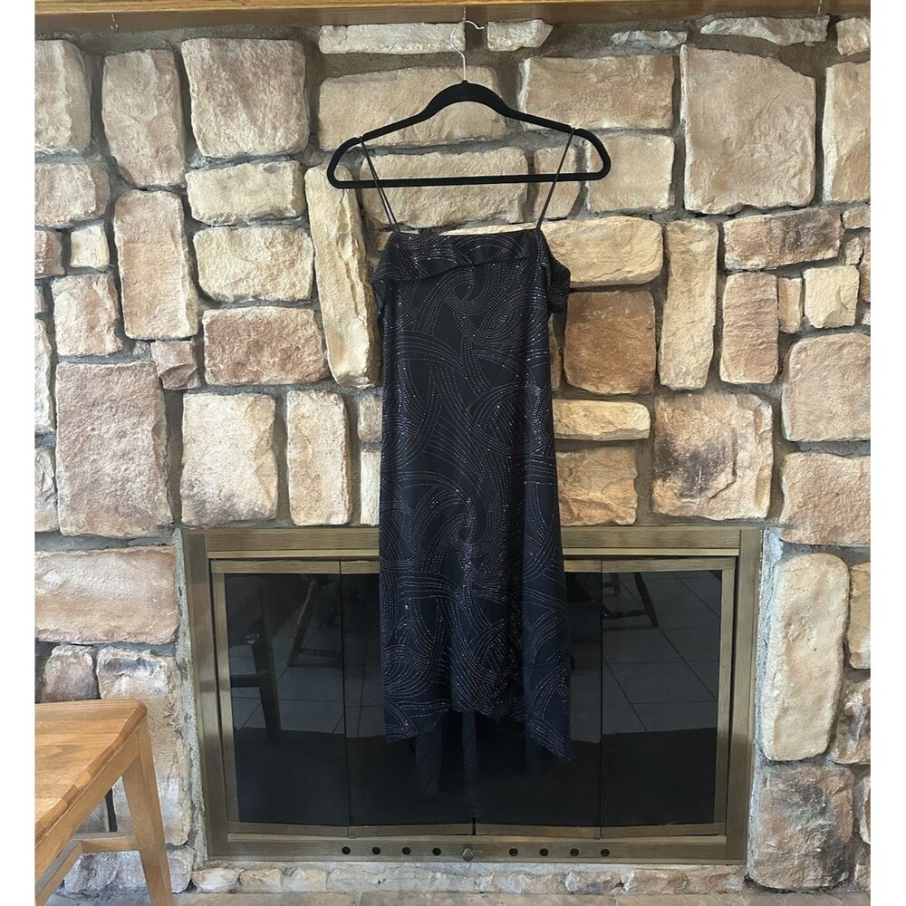VTG Y2K/90s Byer Too! USA Made Stretch Midi Ruffle Dress Glitter M Black Whimsy